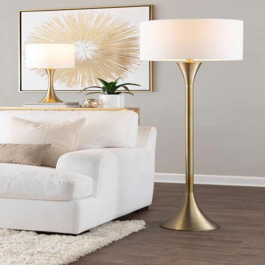 65" Contemporary Metal Floor Lamp in Gold Metal with White Linen Shade