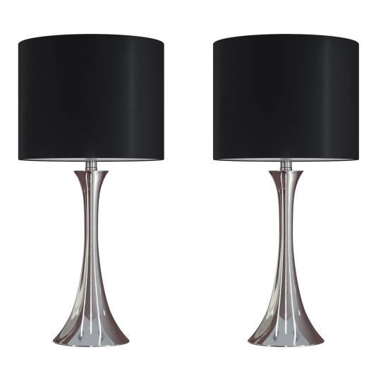 24 Inches Contemporary Metal Table Lamp in Polished Nickel with Black Silk-like Shade Set of 2