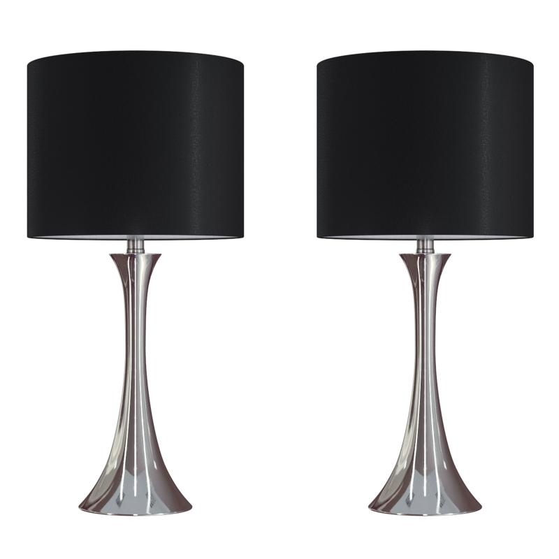 24 Inches Contemporary Metal Table Lamp in Polished Nickel with Black Silk-like Shade Set of 2