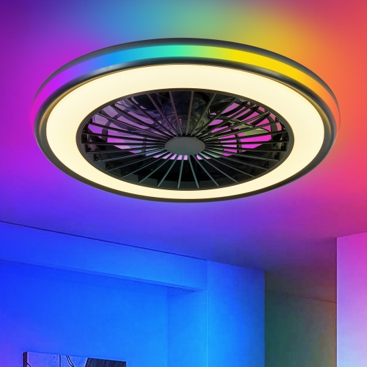 Modern LED Ceiling Light With Fan, RGB Ceiling Fan Lights, Infinitely Dimmable Light for Living Room, Bedroom, Office, 3000‑4500‑6000 K (Black and 20 Inches and RGB)