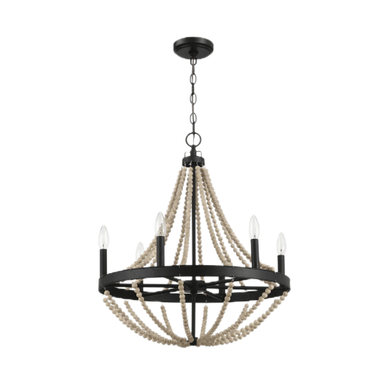 Starry Wood Chandelier Farmhouse Six Candle Light Wood Beaded Black Pendant Light for Dining Room