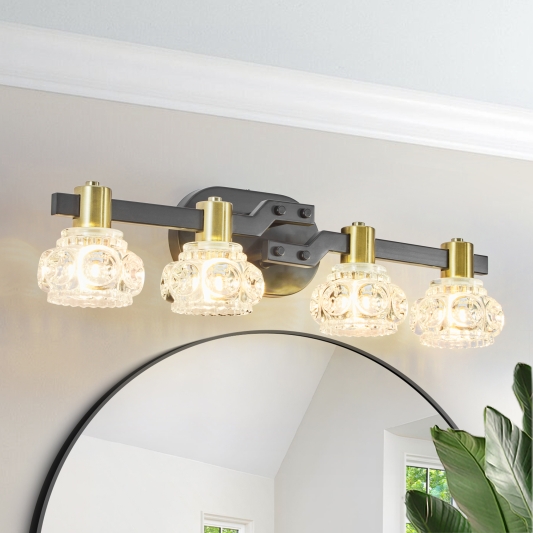 24 Inches Vintage 4-Light Wall Sconce with Clear Crystal Shades Black Iron Finish Vanity Light Fixture for Bathroom or Hallway (No Bulbs)