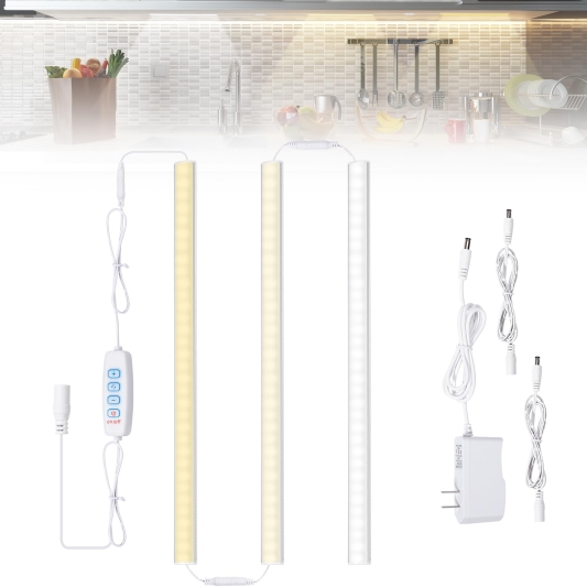 Under Cabinet Lighting Plug in, 3 Pcs 12 Inch 3 Color Temperature Under Counter Lights for Kitchen, Dimmable Led Under Cabinet Lights with Memory Function for Closet, Desk