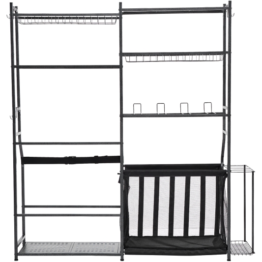 2 Tier Golf Storage Garage Organizer Golf Bag Storage Stand Holder and Other Sports Equipment Storage Rack Outdoor Steel Ball Cart Sports Gear and Toys Storage Shelves with Baskets and Hooks (Black)