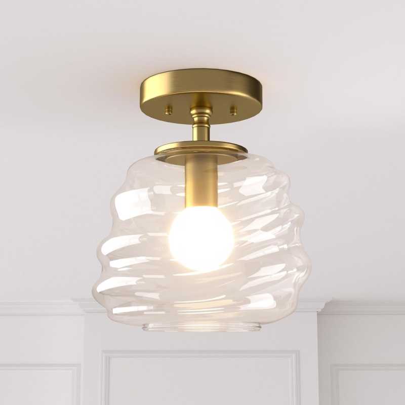Ceiling Light, 8"x10", Modern Light Fixture with Clear Glass Shade, E26 Gold Base, Mid Century Small Semi Flush Mount Lamp for Entryway, Hallway, Bedroom, Dimmable(not included bulbs)