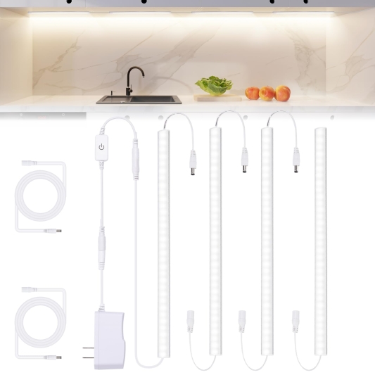 Under Cabinet Lights Plug-in, 4 Pack x 12inch LED Under Cabinet Lighting, Dimmable Plug-in Light Bar for Desk, Under Kitchen Counter LED Lights with Memory Function, Cold White 6500K