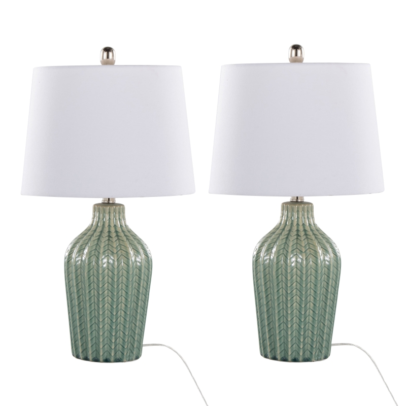 23 Inches Contemporary Ceramic Table Lamp in Sage Crackle Ceramic, Polished Nickel and White Linen Shade Set of 2