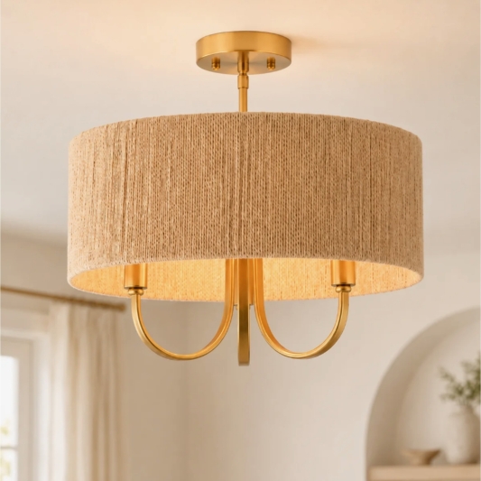 3-Light 18" W Drum Semi Flush Mount, Boho Chandelier for Living Room Dining Room Bedroom(not included bulbs)