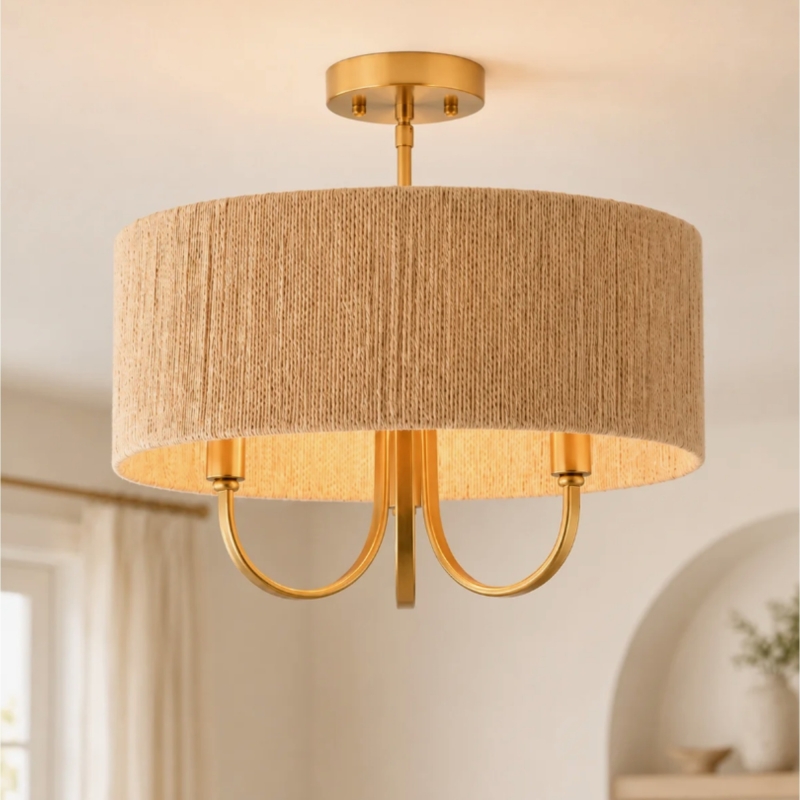 3-Light 18" W Drum Semi Flush Mount, Boho Chandelier for Living Room Dining Room Bedroom(not included bulbs)