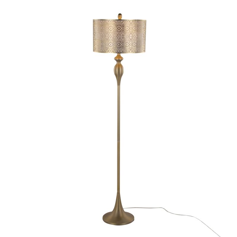 63" Contemporary Metal Floor Lamp in Gold Metal with Laser Cut Metal and Off-White Linen Shade