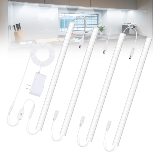 Under Cabinet Lights Plug-in Cold White 6000K, Dimmable LED Under Cabinet Lighting, 4pcs 12 Inch Under Counter Lights for Kitchen with Memory Function, LED Light Bar for Closet, Pantry, Workbench