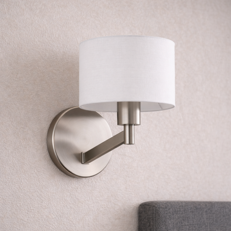 Nebula Brushed Nickel Base Wall Lamp with Rotary Switch White Fabric Shade