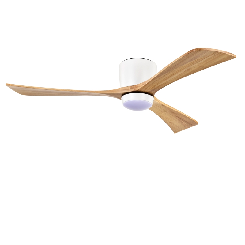 52" Flush Mount Solid Wood Blades Ceiling Fan with Lights Remote Control,Quiet DC Motor, 6 Speed ,Reversible Ceiling Fan for Patio Living Room, Bedroom, Office,Indoor.(Matte White +Natural)