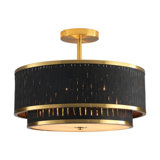 15" Modern Ceiling Light,Black Openwork Fabric Shade and Gold Trim, Flush-Mount Fixture for Living Room, Bedroom or Dining Room, Stylish Energy-Saving Design, Easy Installation (Bulb Not Included)