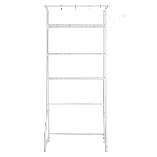 3 Tier Over the Washer and Dryer Storage Shelf Laundry Room Drying Rack with Hanger Rod and Hooks Adjustable Over Washer and Dryer Shelves Laundry Room Shelf Storage Space Saver (White)