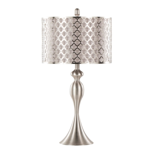 27 Inches Contemporary Metal Table Lamp in Brushed Nickel with Grey Textured Linen and Brushed Nickel Laser Cut Shade Set of 2