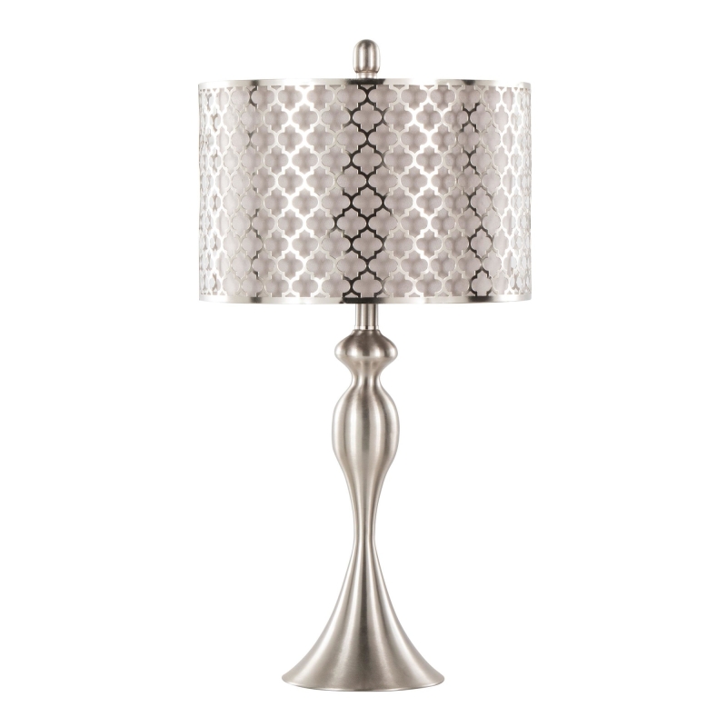27 Inches Contemporary Metal Table Lamp in Brushed Nickel with Grey Textured Linen and Brushed Nickel Laser Cut Shade Set of 2
