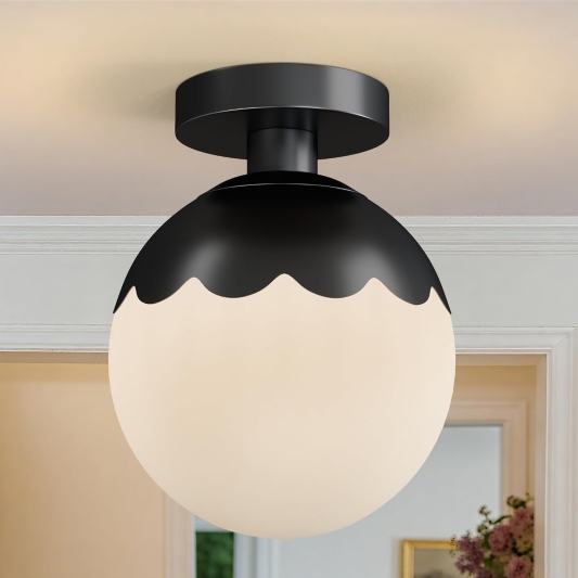8'' Black Small Semi Flush Mount Ceiling Light, Modern Farmhouse Mini Light Fixture, Artistic Wave Design, Opal Glass Shade, for Entryway Hallway Closet Laundry Room, E12(not included bulbs)