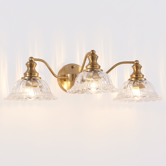 24 Inch 3-Light Vintage Bathroom Wall Sconce – Elegant Golden Metal and Glass Lampshade Vanity Light Fixture for Bathroom, Hallway, or Bedroom (Bulb Not Included)