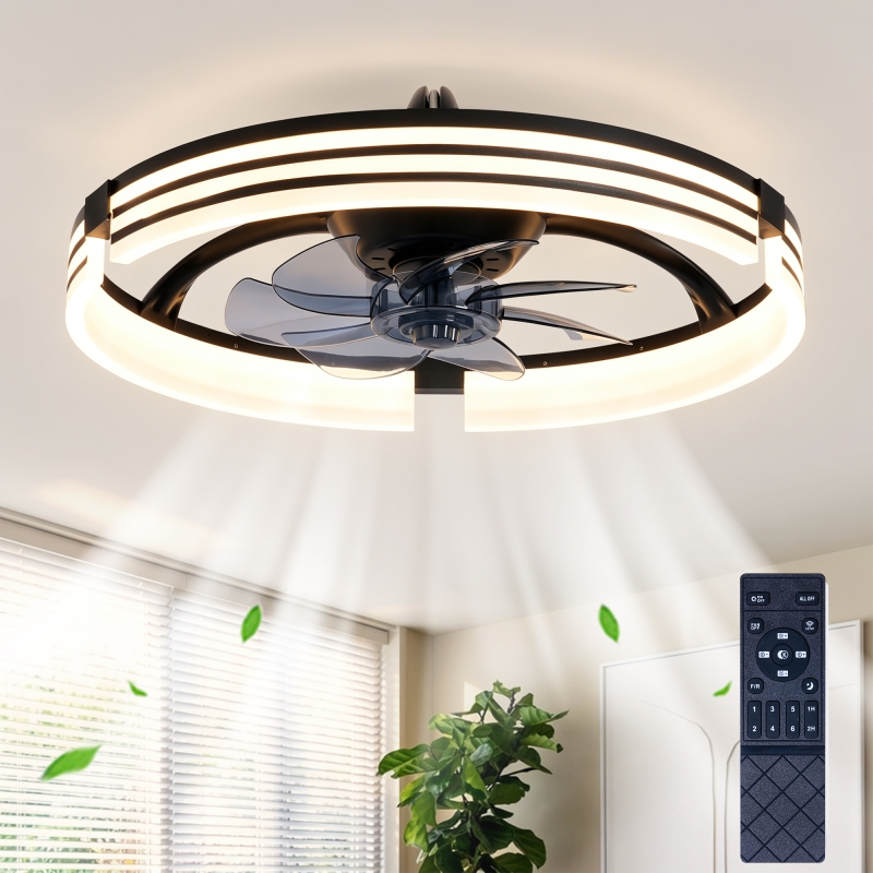 20 Inches Ceiling Fans With Kit , LED Light Source and Remote Control, 3000‑6500K Dimmable Modern Flush Mount LED Fan Light, 6 Speeds, Quiet DC Motor for Living Room, Bedroom, Kitchen‑‑‑‑Matte Black