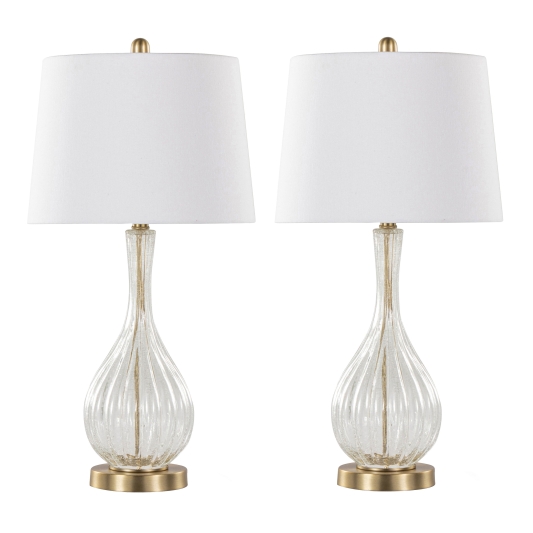 27 Inches Contemporary Glass Table Lamp in Clear Crackle Glass, Gold Metal and White Linen Shade Set of 2