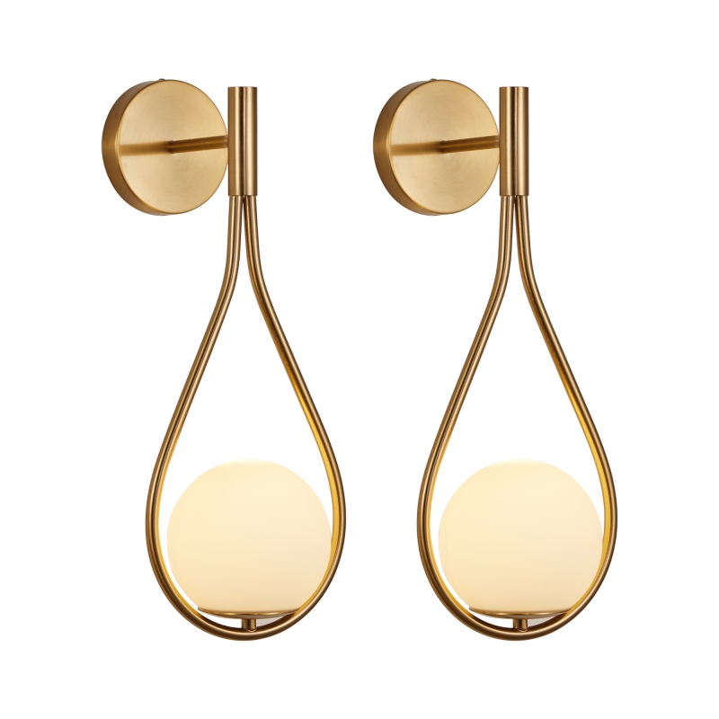 19" Set of 2 Modern Golden Wall Sconces with Opal Glass Globe, Mid-Century Design, Luxury Wall Lights for Bedroom, Living Room, Hallway (No Bulb)