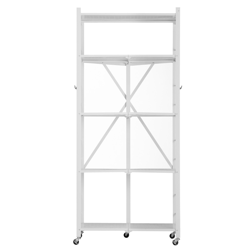 5 Tier Folding Storage Shelf with Wheels Metal Shelving Unit (White)