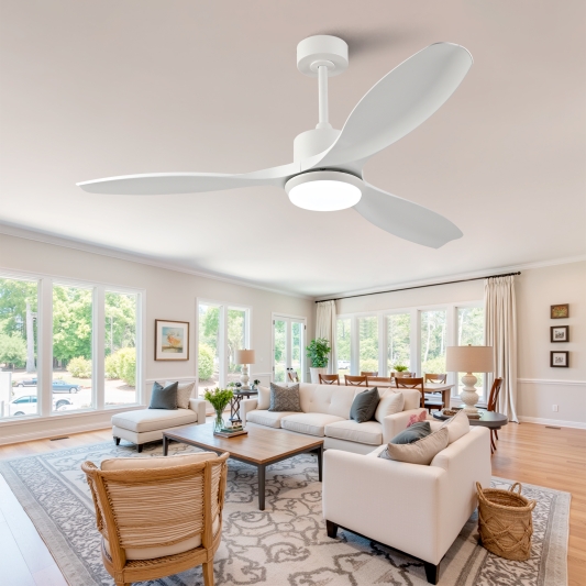52 Inches Modern White Ceiling Fan with Light Featuring 3 ABS Plastic Blades Remote Control Operation Reversible DC Motor and Dimmable LED Lighting