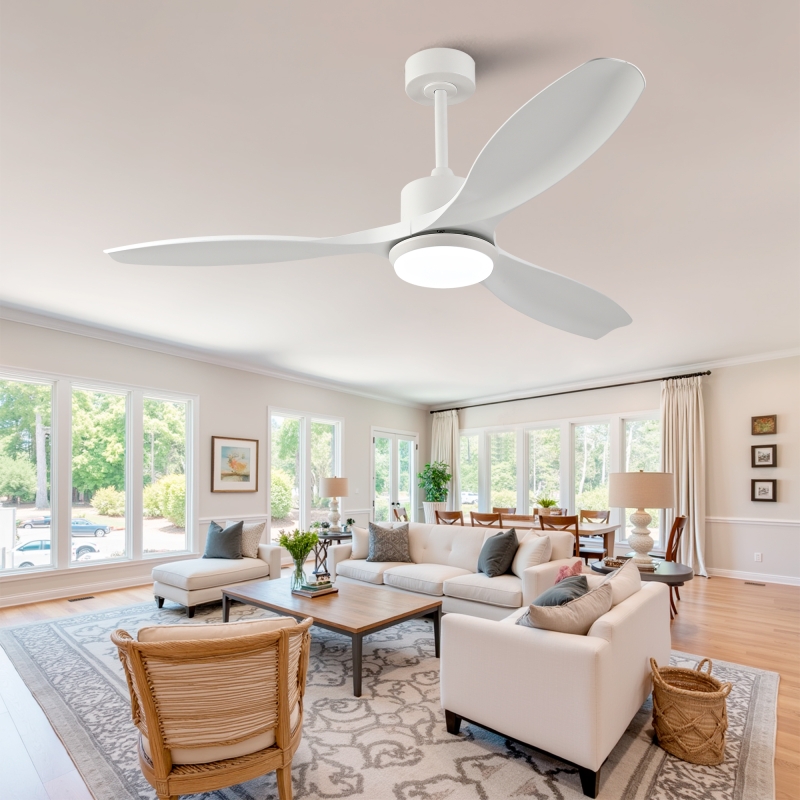 52 Inches Modern White Ceiling Fan with Light Featuring 3 ABS Plastic Blades Remote Control Operation Reversible DC Motor and Dimmable LED Lighting