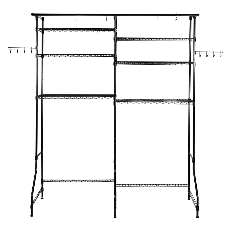 6 Tier Over the Washer and Dryer Storage Shelf Laundry Room Drying Rack with Hanger Rod and Hooks Adjustable Over Washer and Dryer Shelves Laundry Room Shelf Storage Space Saver (Black)