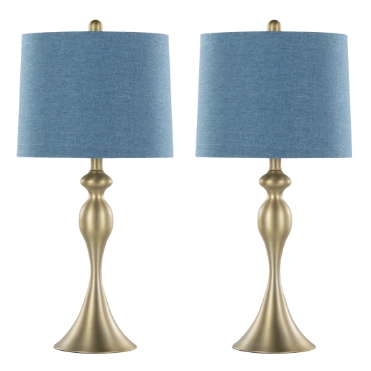 27 Inches Contemporary Metal Table Lamp in Gold Metal with Mon Blue Textured Slub Linen Shade Set of 2