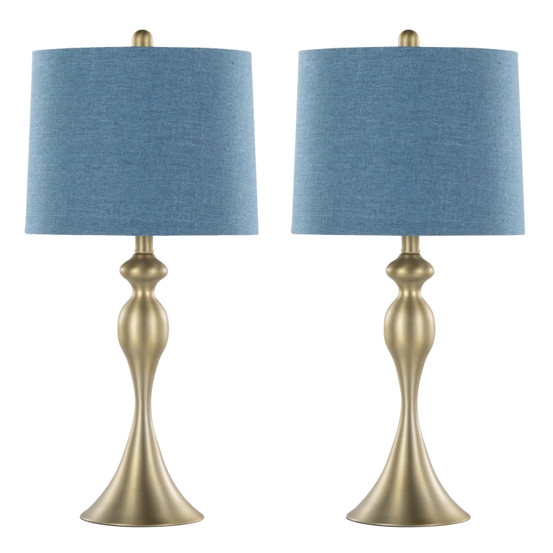 27 Inches Contemporary Metal Table Lamp in Gold Metal with Mon Blue Textured Slub Linen Shade Set of 2