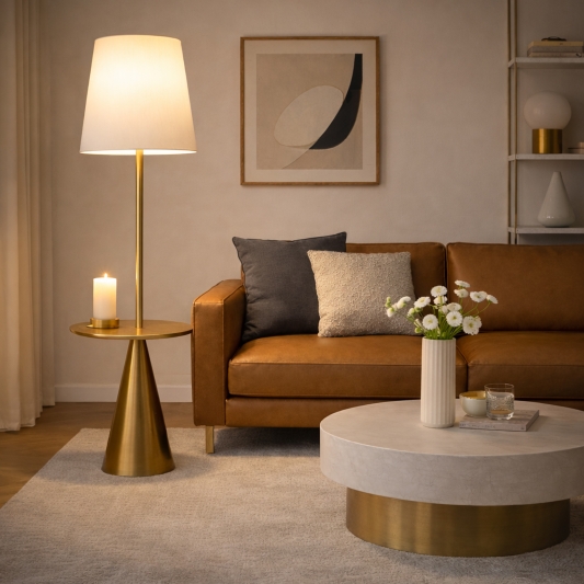 Modern Standing Floor Lamp with Brass Accent Side Table and Large White Shade