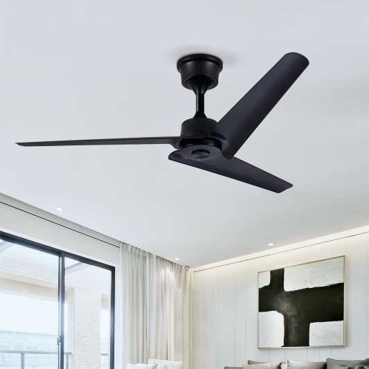 52''Flush Mount & Rod  ABS 3 Blades Ceiling Fan with Remote Control No Lights, Modern Reversible DC Motor Indoor 3 Blades Ceiling Fans for Patio Bedroom Living Room-- Black