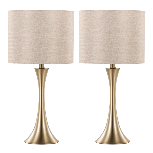 24 Inches Contemporary Metal Table Lamp in Gold Metal with Golden Metallic Linen Shade Set of 2