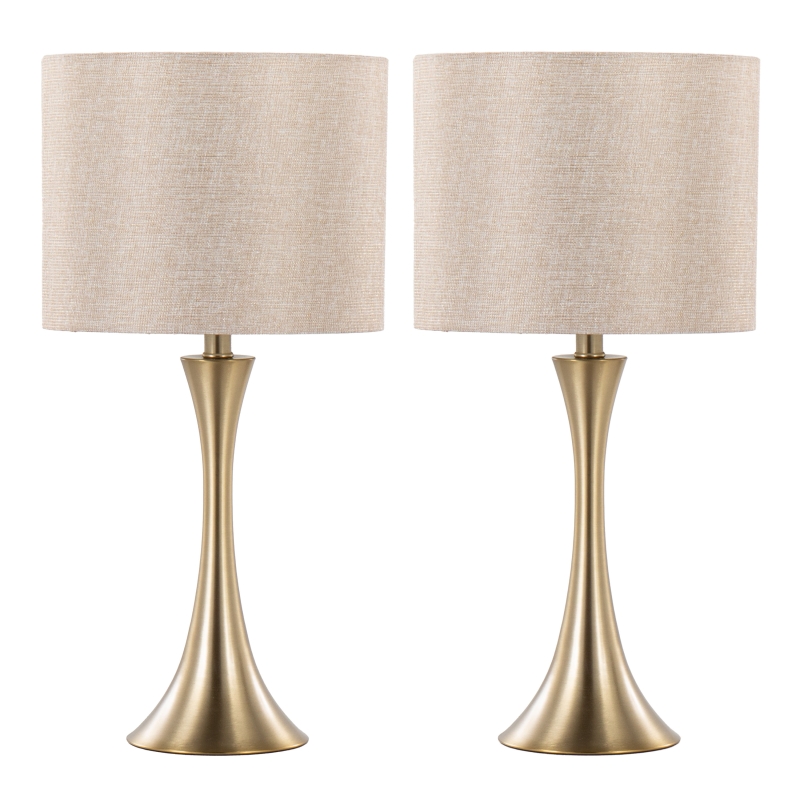 24 Inches Contemporary Metal Table Lamp in Gold Metal with Golden Metallic Linen Shade Set of 2