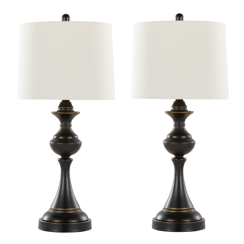 29 Inches Contemporary Metal Table Lamp in Oil Rubbed Bronze with Off-White Linen Shade Set of 2