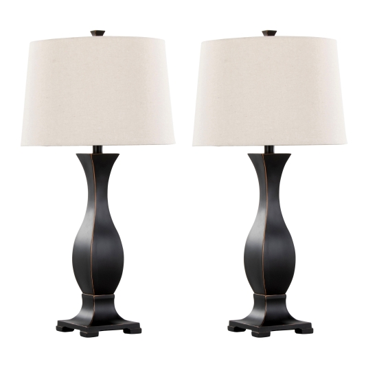 29 Inches Contemporary Polyresin Table Lamp in Oil Rubbed Bronze Polyresin with Oat Linen Shade Set of 2