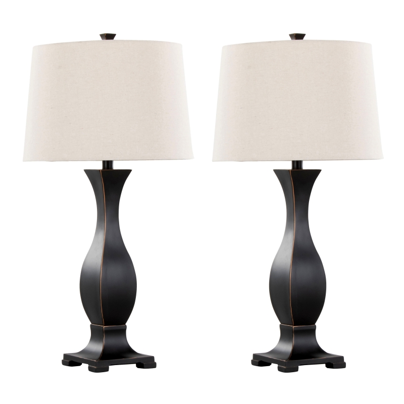 29 Inches Contemporary Polyresin Table Lamp in Oil Rubbed Bronze Polyresin with Oat Linen Shade Set of 2