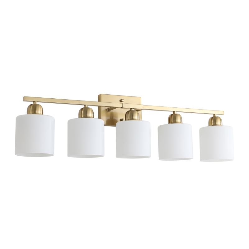 Gold Bathroom Light Fixtures, 5-Light Modern Vanity Light Over Mirror, Wall Sconces with Milky White Frosted Glass Shades, E26 Socket (Bulbs Not Included)