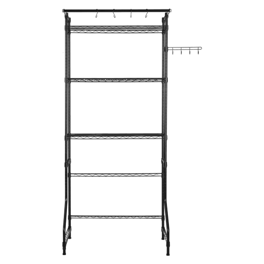 3 Tier Over Washer and Dryer Storage Shelf Laundry Room Drying Rack with Hanger Rod and Hooks Single Row Adjustable Washer Shelves Space Saver for Laundry Room Storage and Organization (Black)