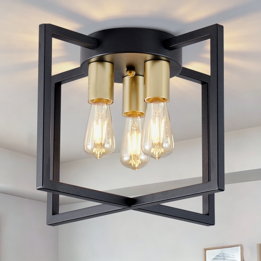 3-Light Ceiling Light Fixture, Black and Gold Semi-Flush Mount Chandelier with Geometric Metal Shade, Farmhouse Industrial Lighting for Kitchen Living Room Bedroom Hallway Foyer, E26 Base(Bulbs not in