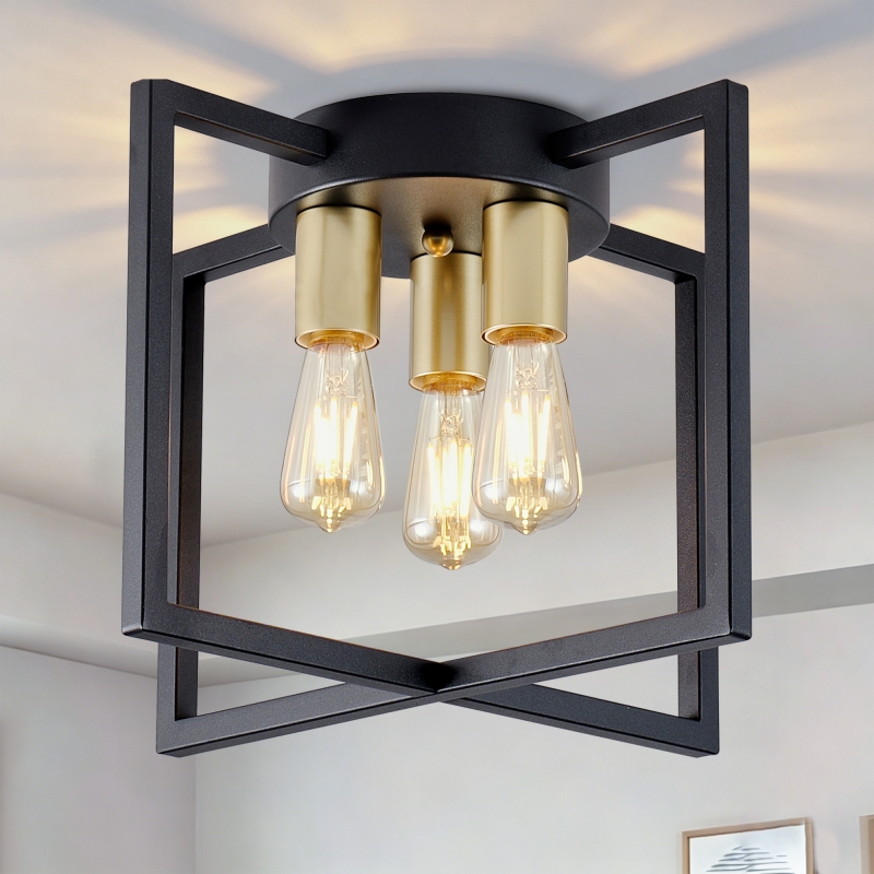 3-Light Ceiling Light Fixture, Black and Gold Semi-Flush Mount Chandelier with Geometric Metal Shade, Farmhouse Industrial Lighting for Kitchen Living Room Bedroom Hallway Foyer, E26 Base(Bulbs not in