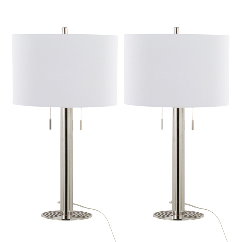 29 Inches Contemporary Metal Table Lamp in Polished Nickel and White Linen Shade Set of 2