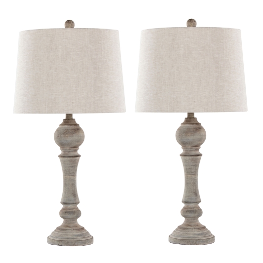 32 Inches Poly Table Lamp in Reclaimed Grey Polyresin with Oat Linen Shade Set of 2