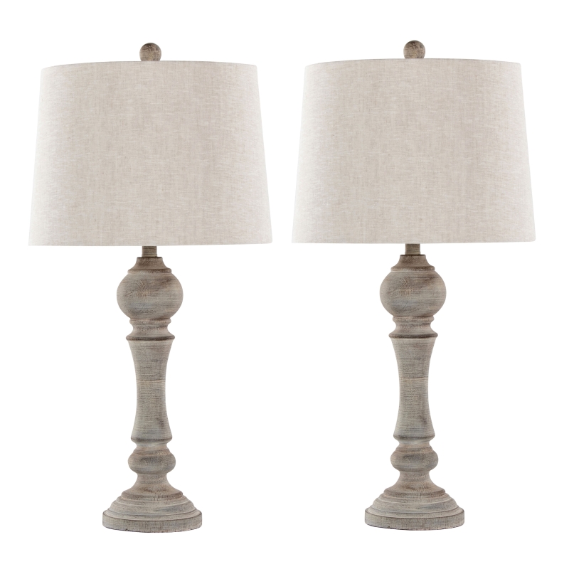 32 Inches Poly Table Lamp in Reclaimed Grey Polyresin with Oat Linen Shade Set of 2